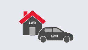 Einrichtungen und Dienste - Darstellung Haus und Auto mit AWO Logo